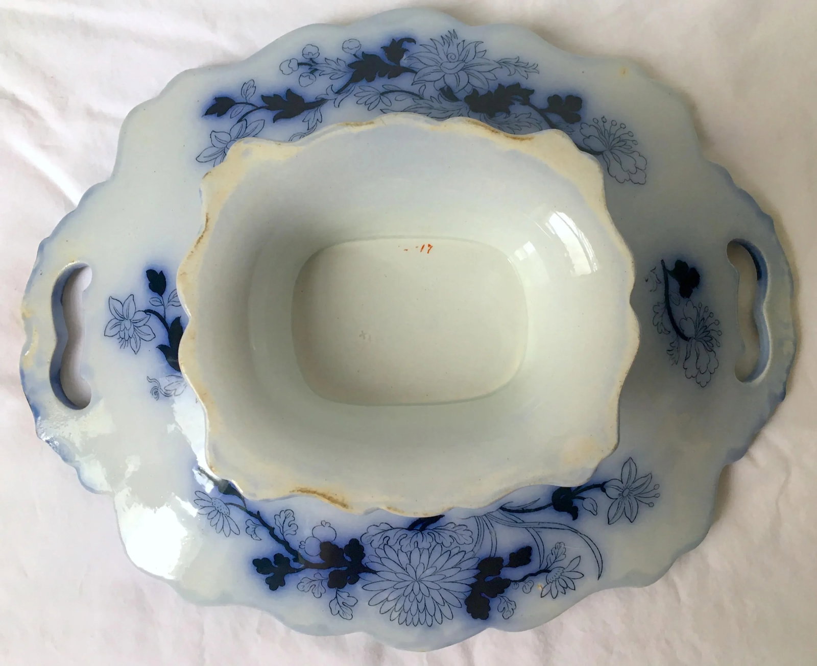 Antique English Ironstone Chinoiserie Blue Flow Footed Serving Dish - 5