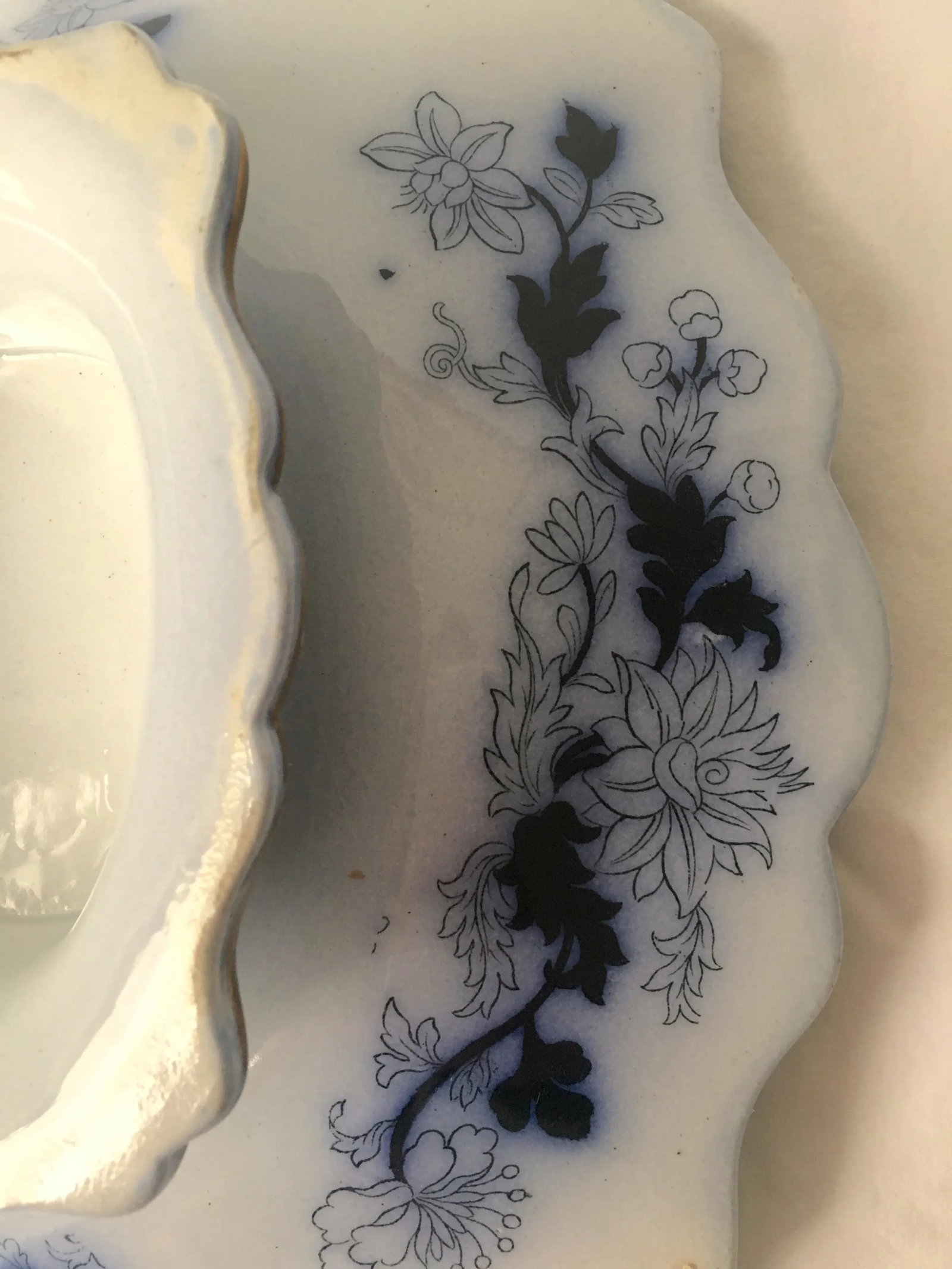 Antique English Ironstone Chinoiserie Blue Flow Footed Serving Dish - 6