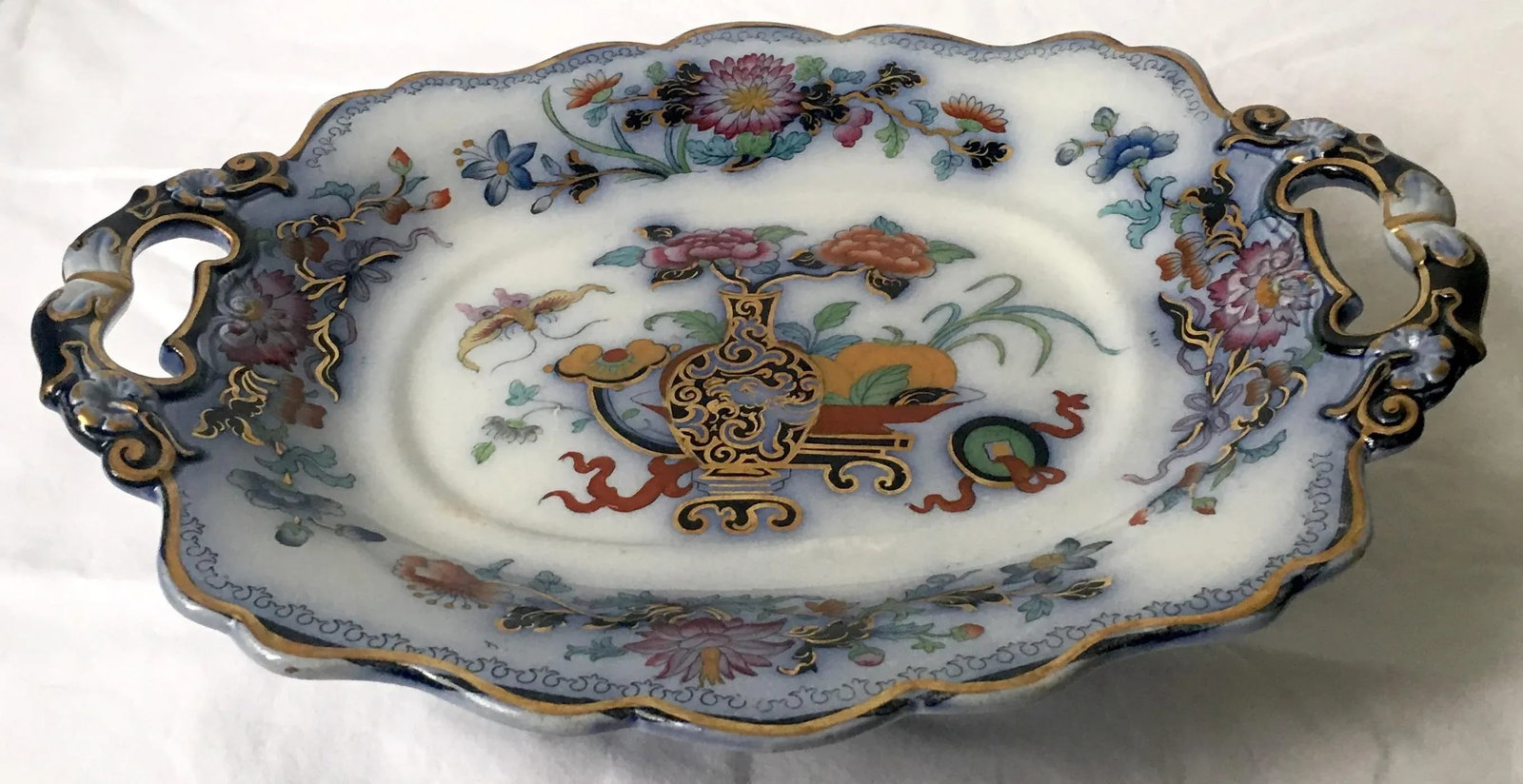 Antique English Ironstone Chinoiserie Blue Flow Footed Serving Dish - 9