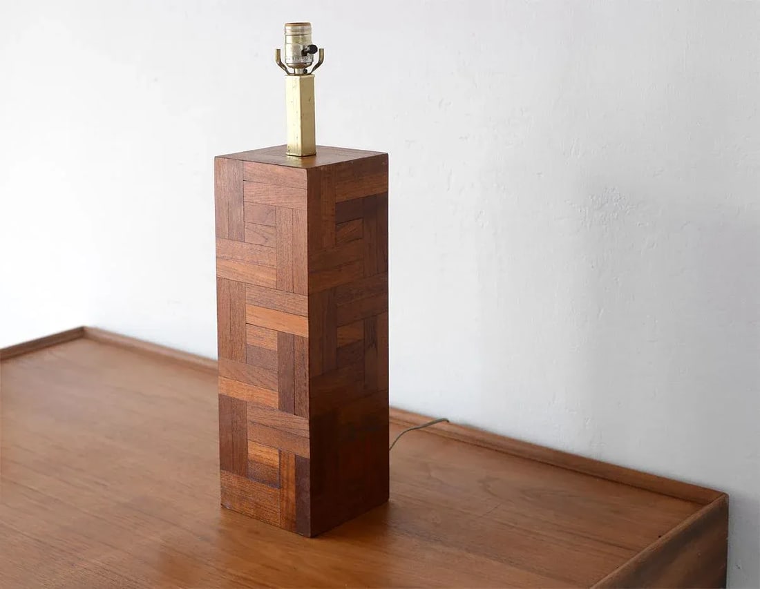 Danish Modern Milo Baughman Style Teak Block Table Lamp - 12