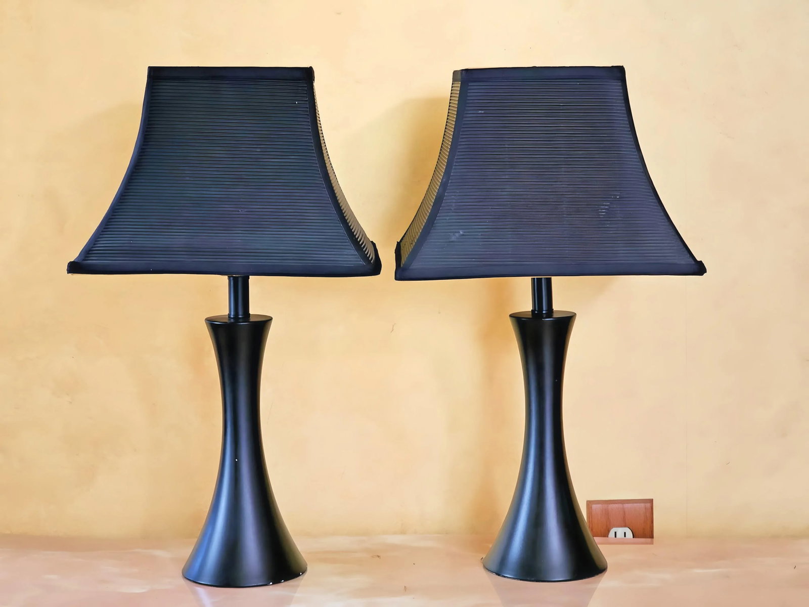 Art Deco Black Table Lamps With Black Ribbed Shades With Gold Foil Lining by Intertek, a Pair - 2