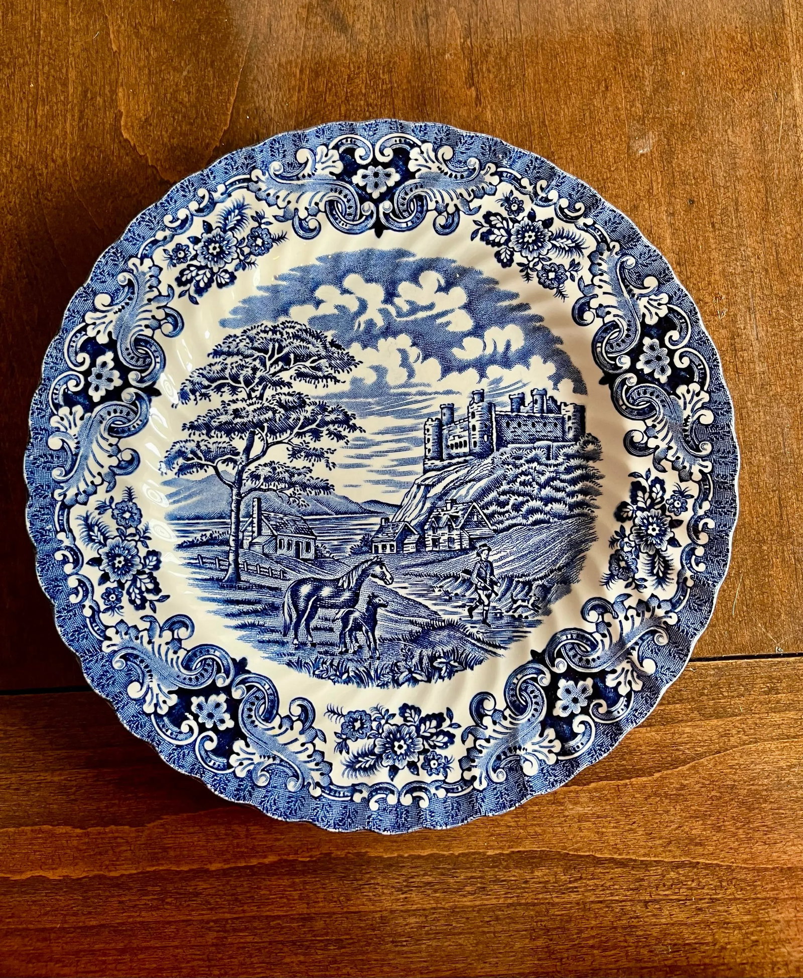Antique Ironstone Hand Engraved Blue & White English Castle Plate - 2