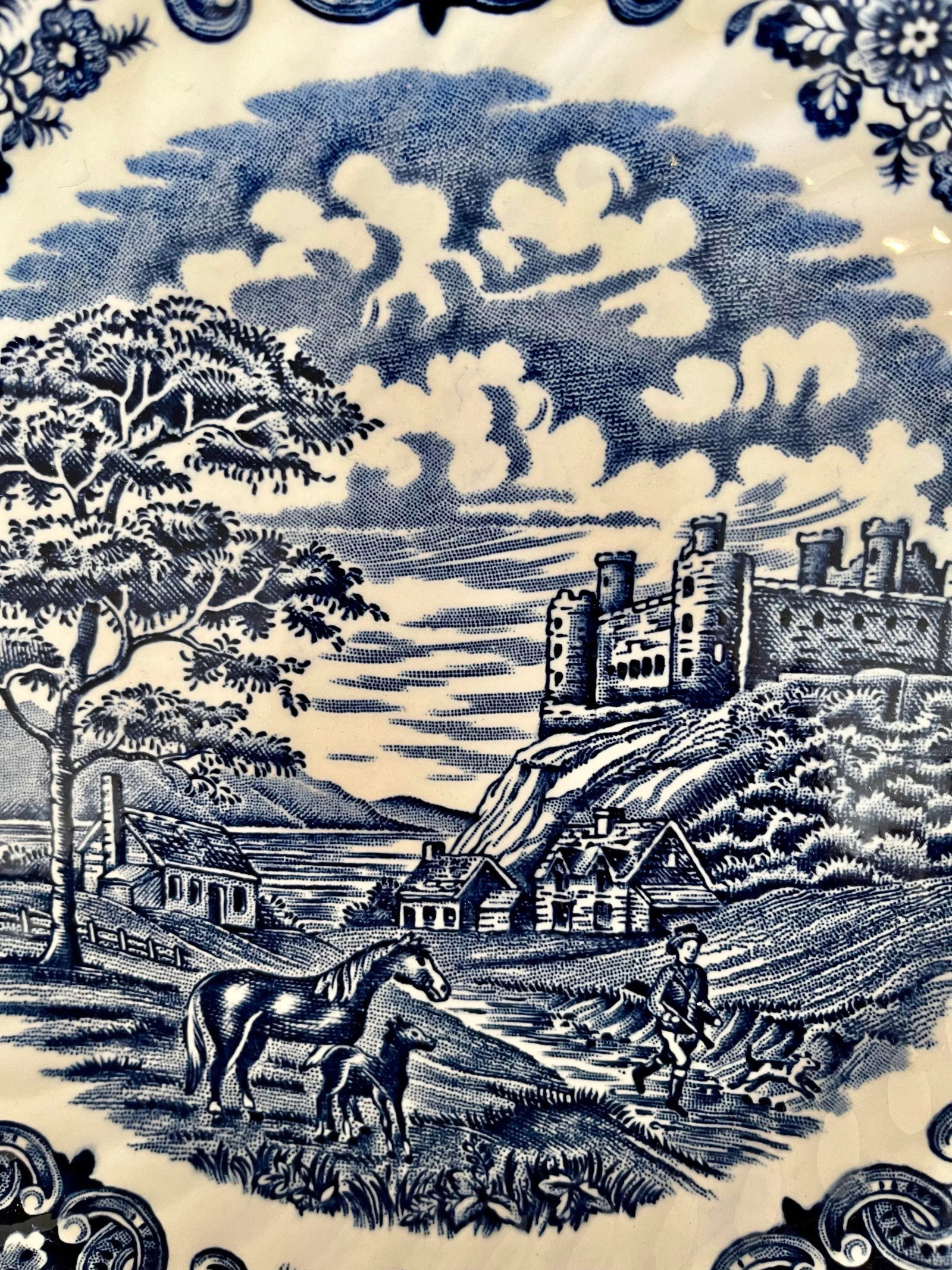 Antique Ironstone Hand Engraved Blue & White English Castle Plate - 3