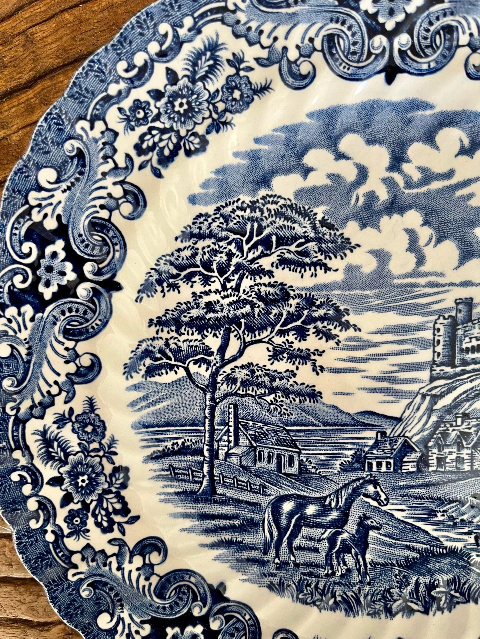 Antique Ironstone Hand Engraved Blue & White English Castle Plate - 4