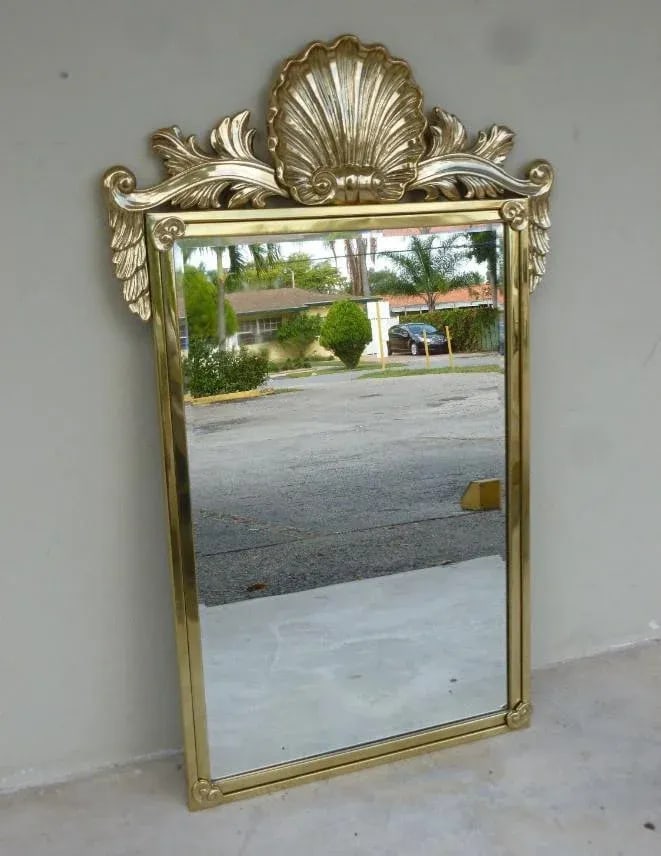 Vintage Decorative Arts Shell Pediment Brass / Bronze Mirror - 3