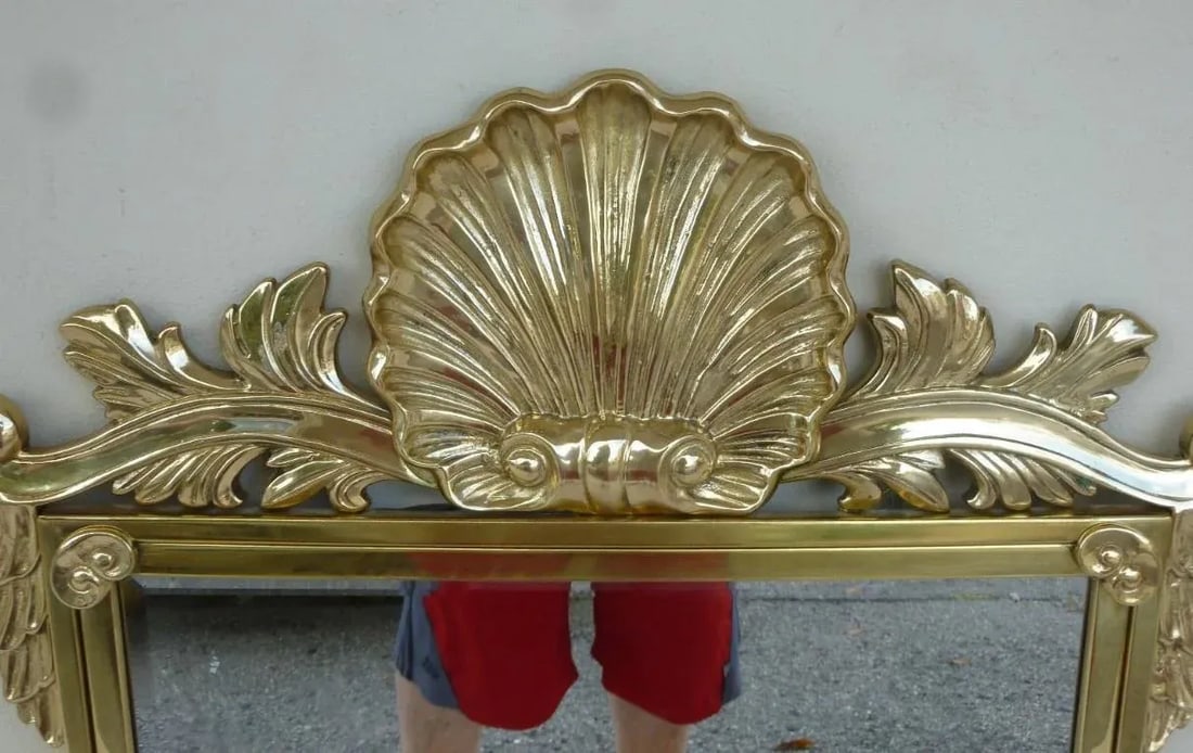 Vintage Decorative Arts Shell Pediment Brass / Bronze Mirror - 4