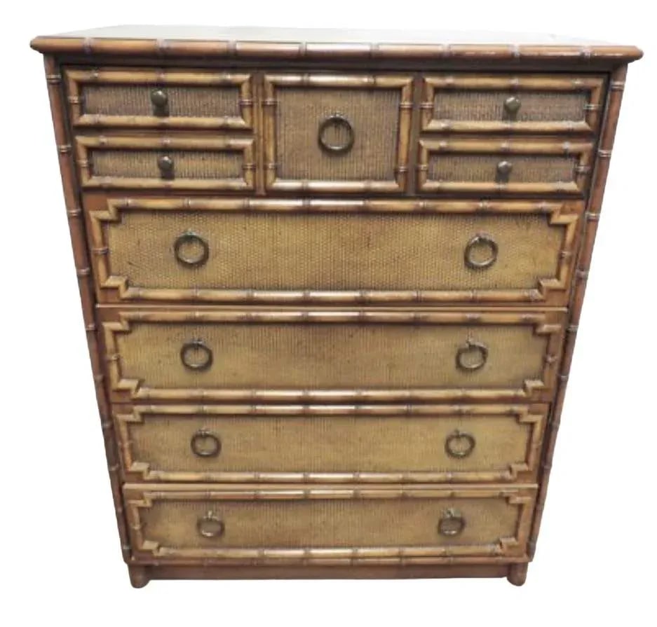 1970s Vintage Coastal Hollywood Regency Faux Bamboo and Rattan Highboy Dresser by Drexel - 3