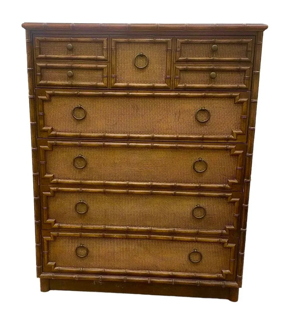 1970s Vintage Coastal Hollywood Regency Faux Bamboo and Rattan Highboy Dresser by Drexel - 5