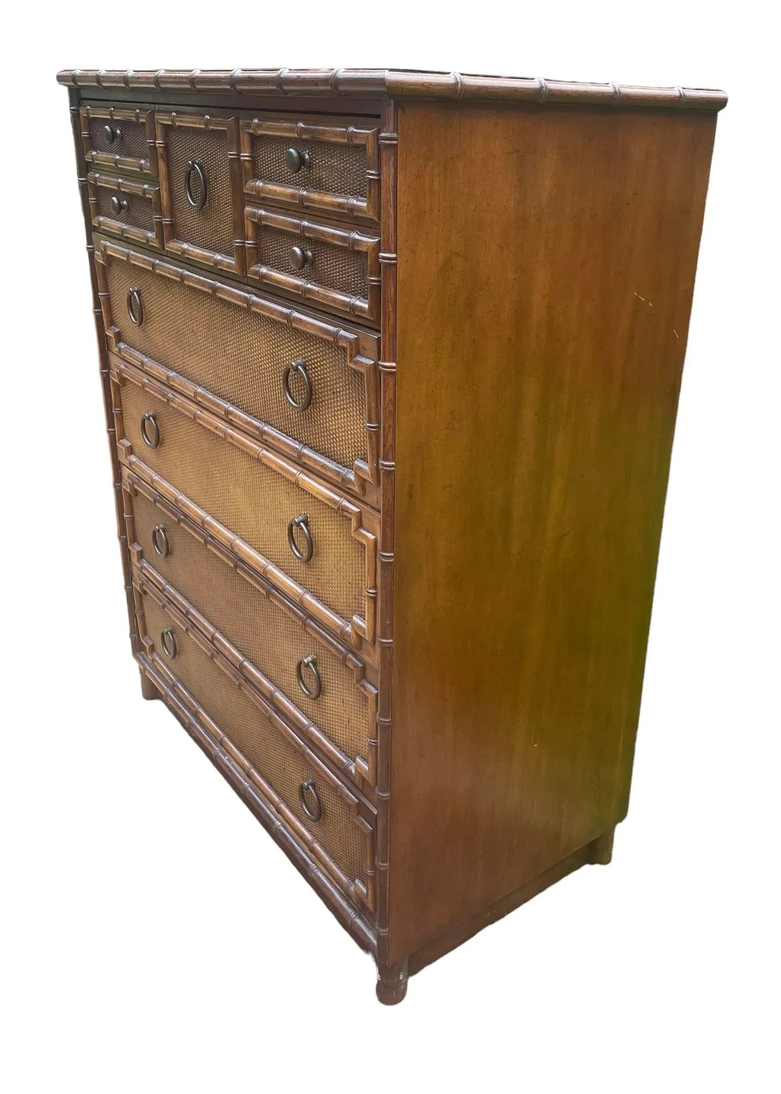 Faux Bamboo and Rattan Bedroom Furniture Highboy by Drexel Vintage 1970s Hollywood Regency Coastal S - 2