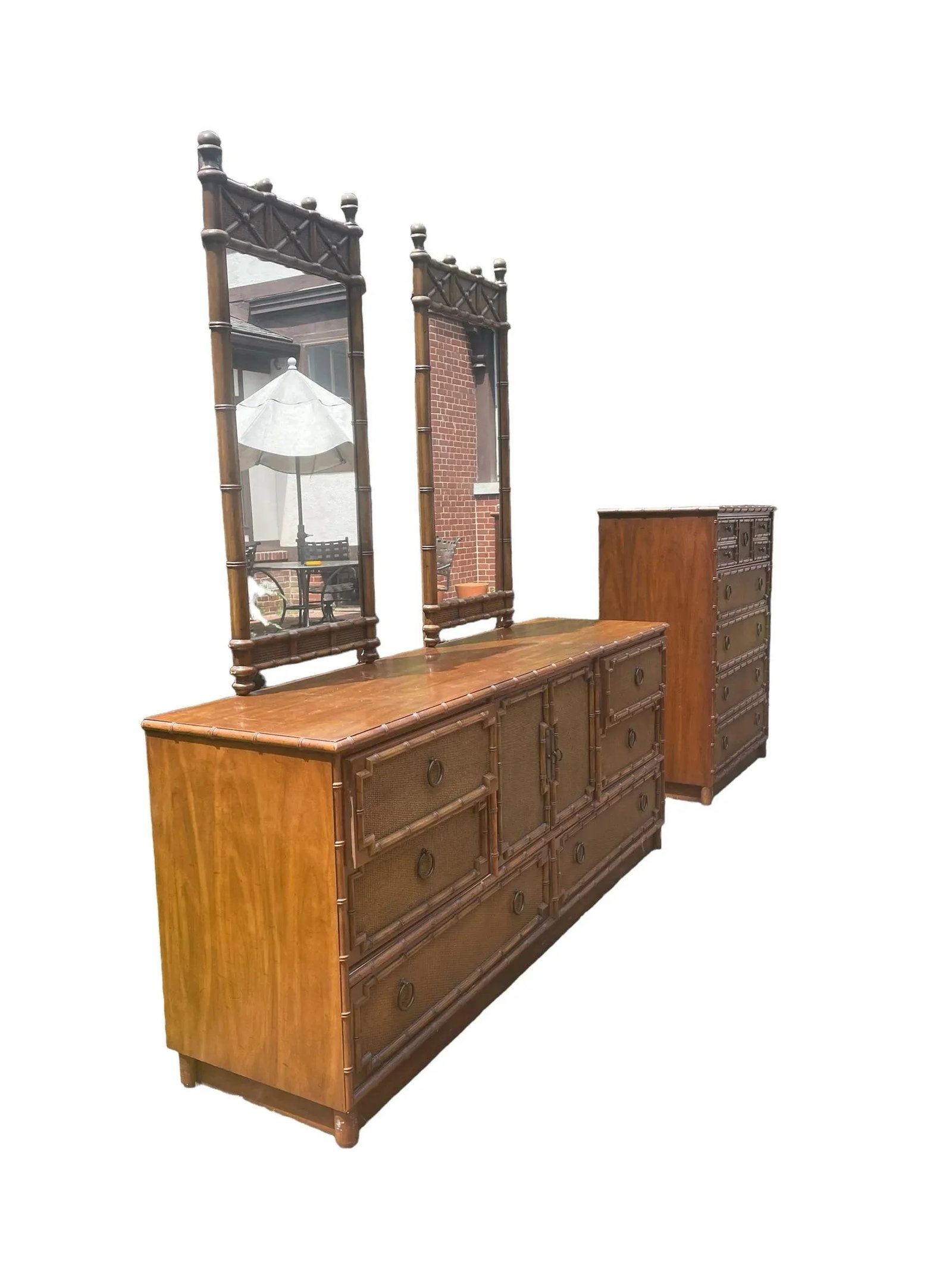 Faux Bamboo and Rattan Bedroom Furniture Highboy by Drexel Vintage 1970s Hollywood Regency Coastal S - 4