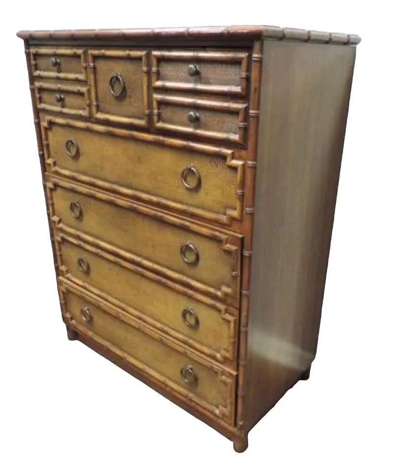 Faux Bamboo and Rattan Bedroom Furniture Highboy by Drexel Vintage 1970s Hollywood Regency Coastal S - 7