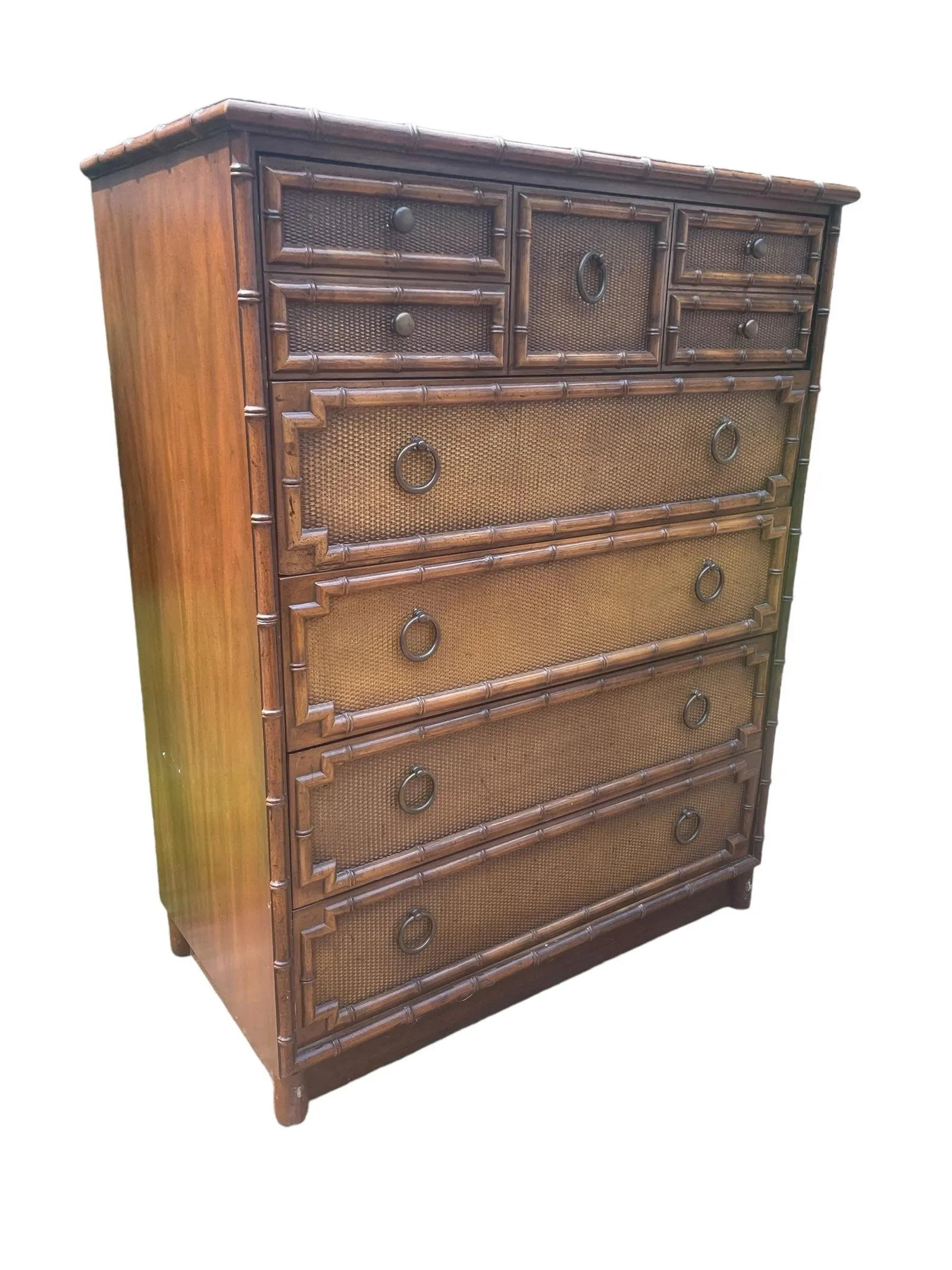 Faux Bamboo and Rattan Bedroom Furniture Highboy by Drexel Vintage 1970s Hollywood Regency Coastal S - 8