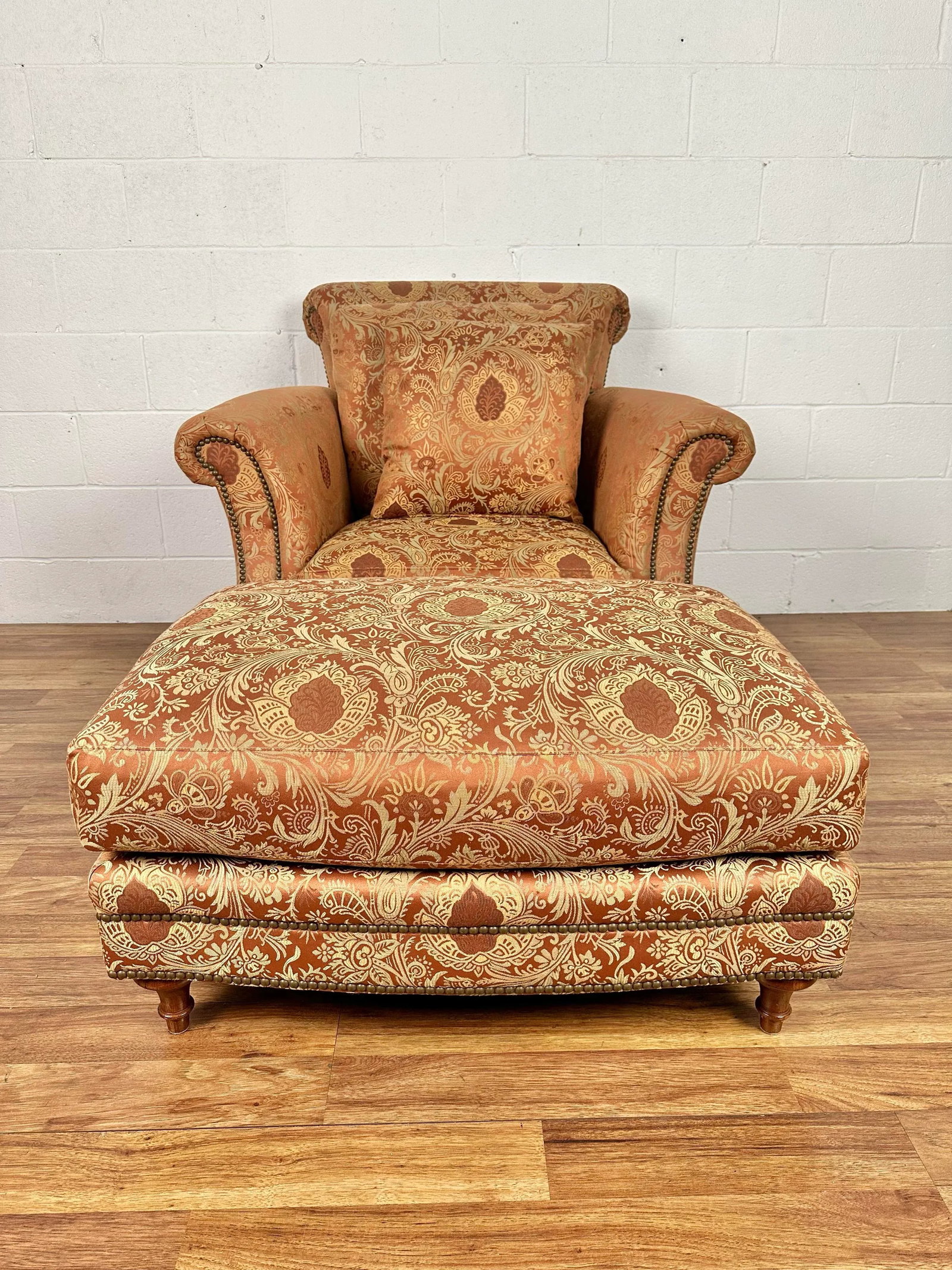 Henredon Scroll Back Upholstered Lounge Chair & Ottoman With Nailheads - Set of 2 - 3