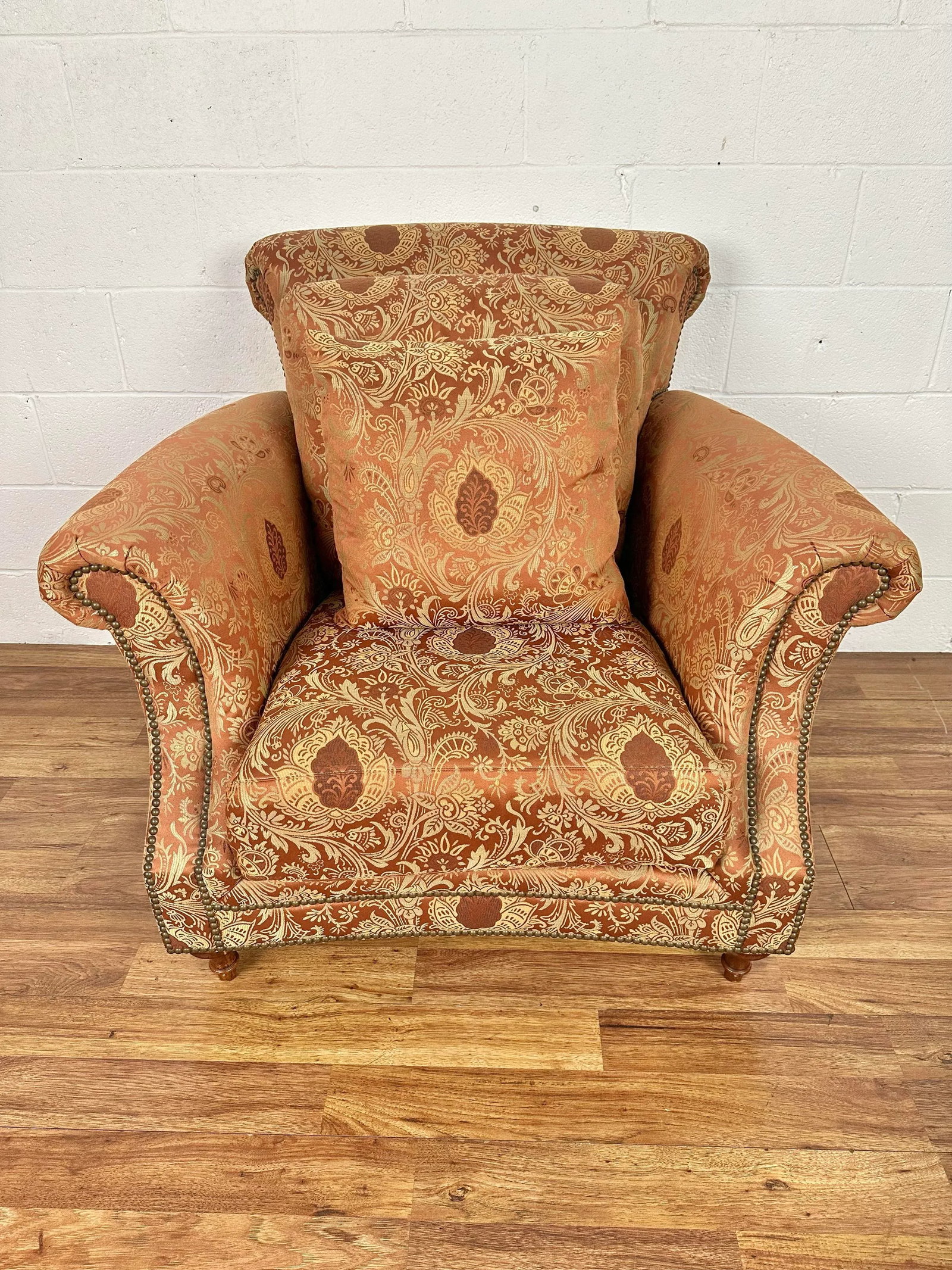Henredon Scroll Back Upholstered Lounge Chair & Ottoman With Nailheads - Set of 2 - 4
