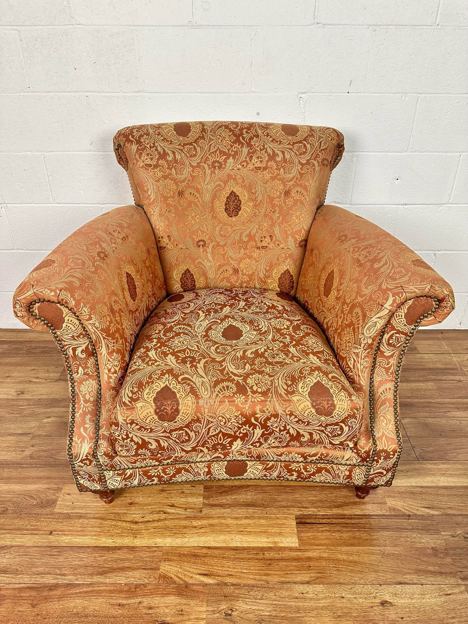 Henredon Scroll Back Upholstered Lounge Chair & Ottoman With Nailheads - Set of 2 - 5
