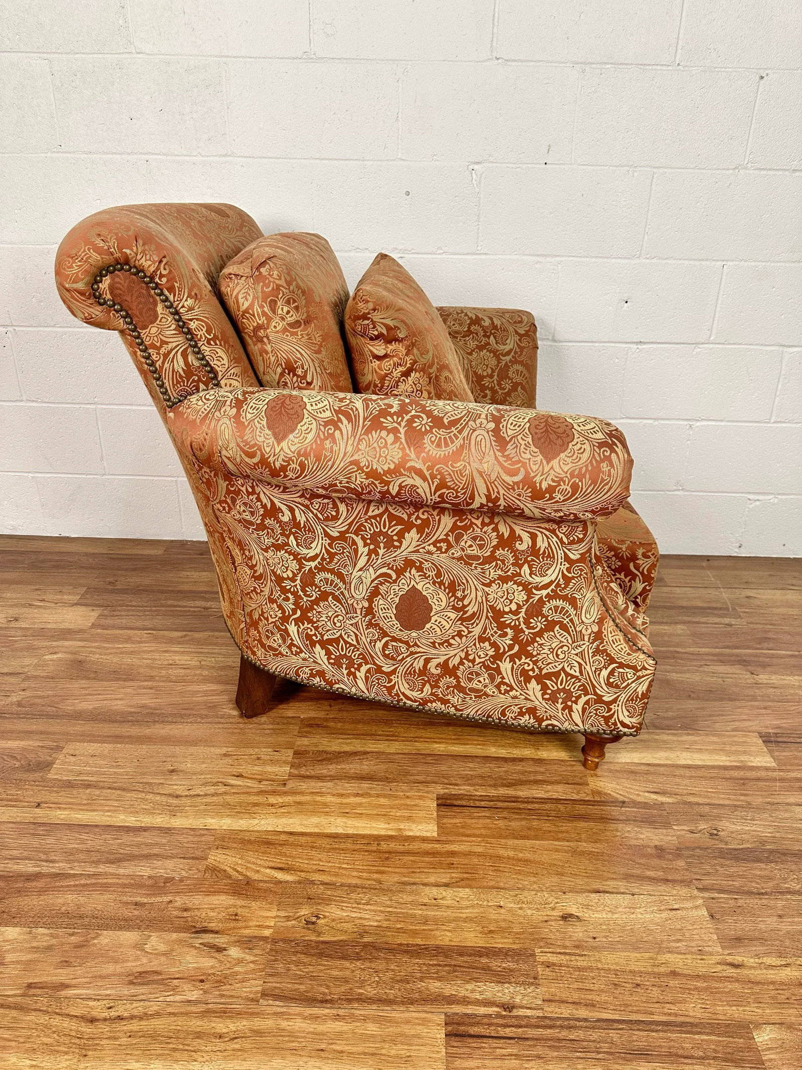 Henredon Scroll Back Upholstered Lounge Chair & Ottoman With Nailheads - Set of 2 - 6