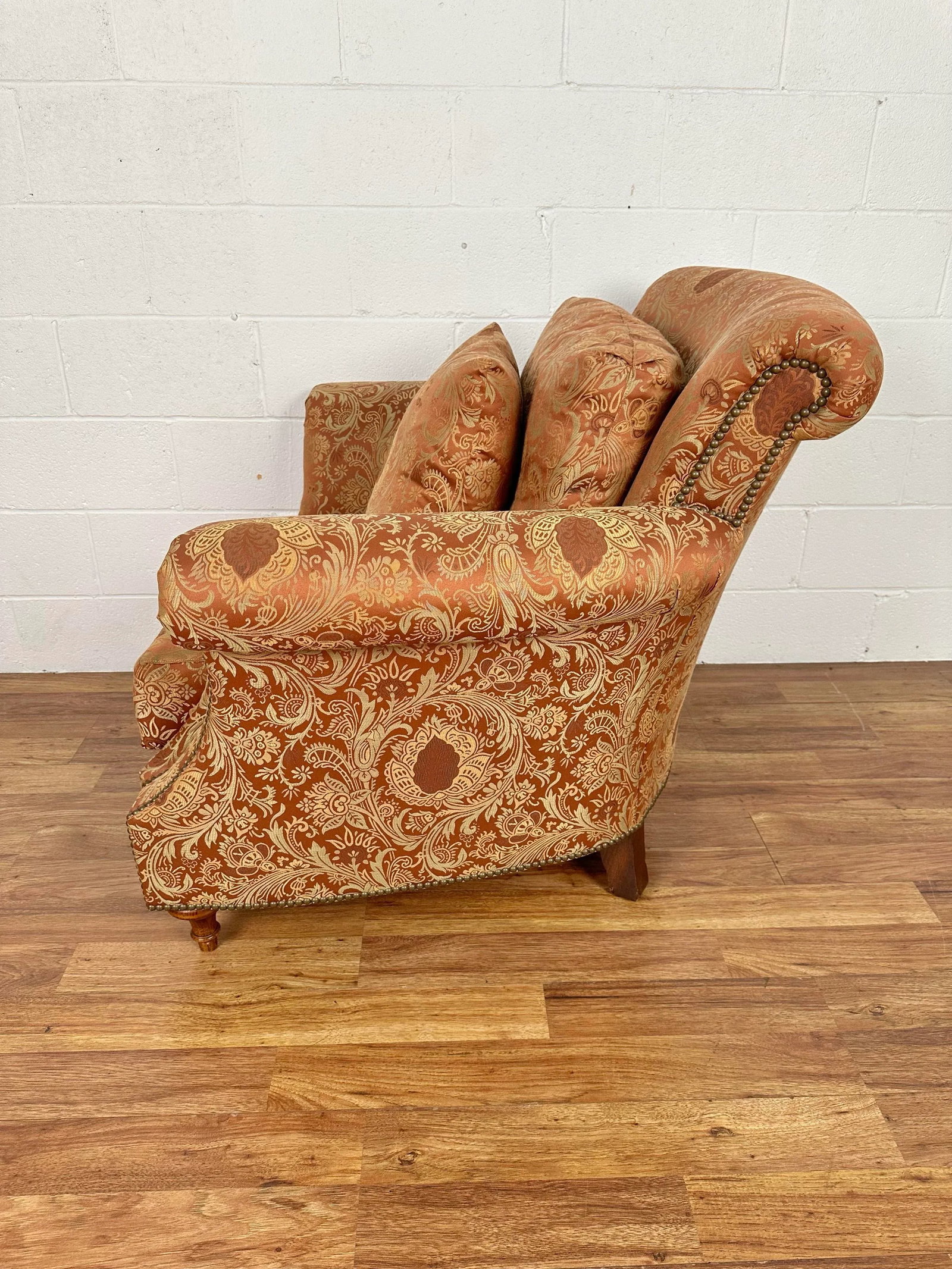 Henredon Scroll Back Upholstered Lounge Chair & Ottoman With Nailheads - Set of 2 - 8