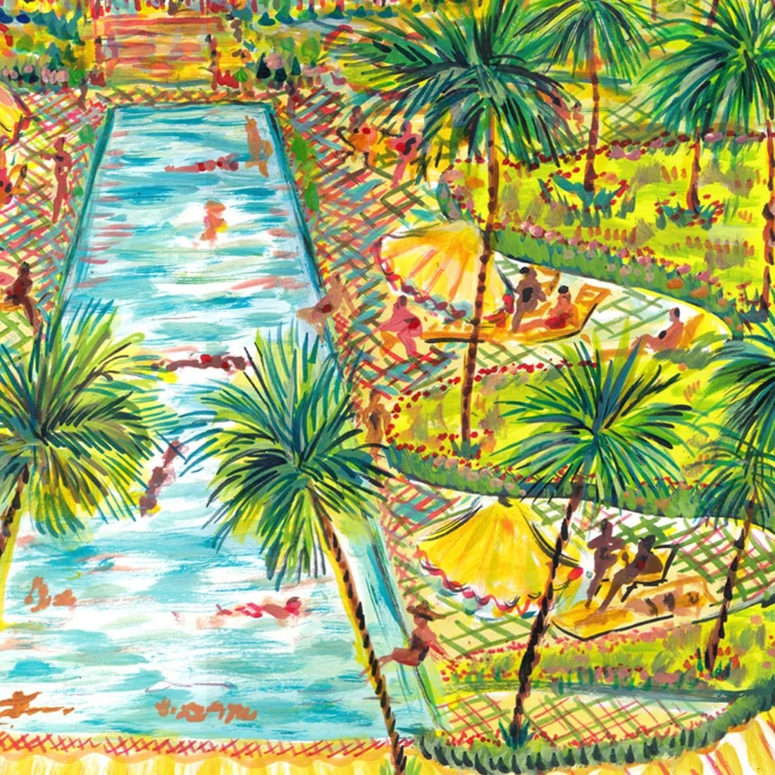 "Beach Club Pool" Original Whimsical Figurative Painting by Pauline de Roussy de Sales - 2