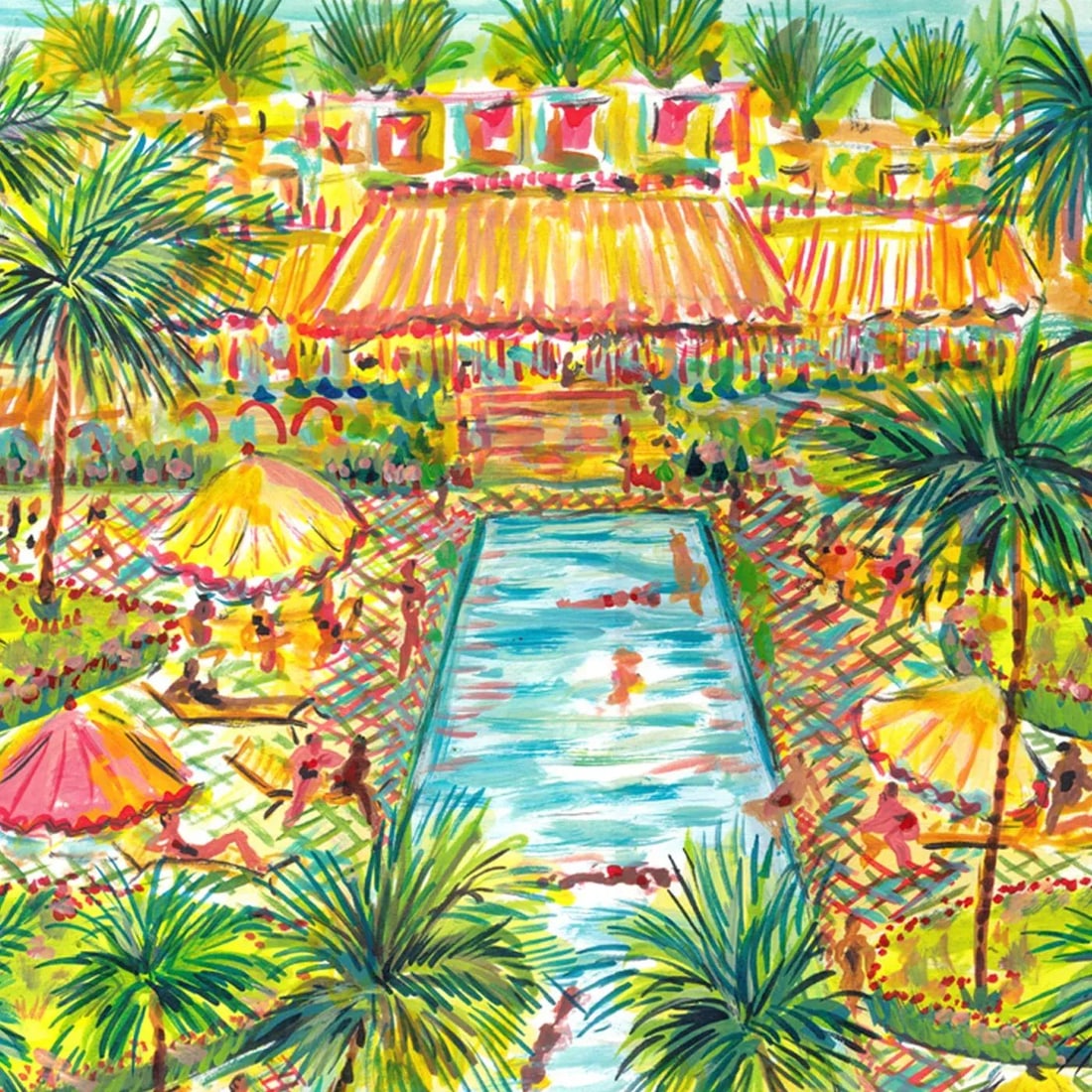 "Beach Club Pool" Original Whimsical Figurative Painting by Pauline de Roussy de Sales - 3