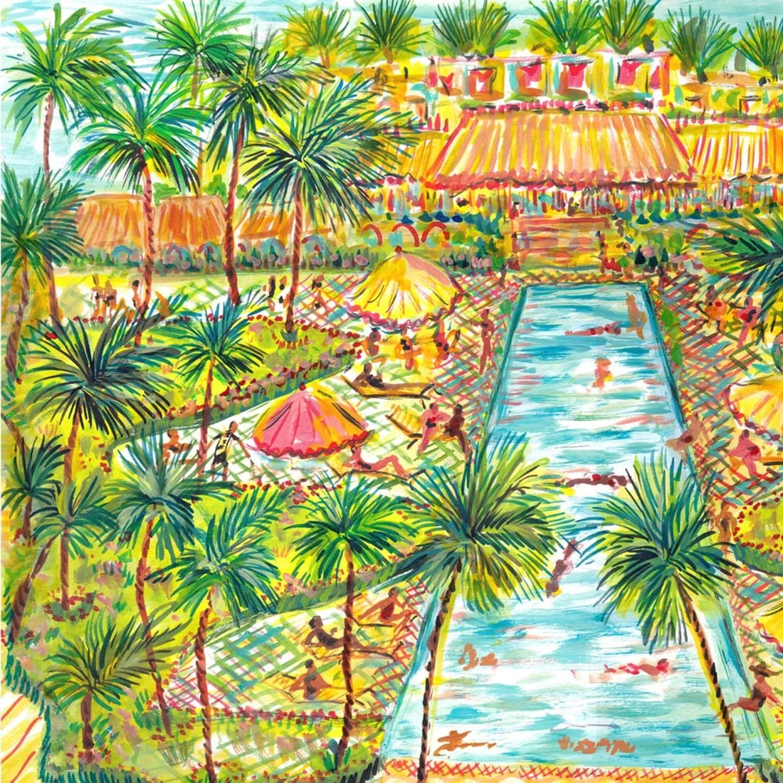 "Beach Club Pool" Original Whimsical Figurative Painting by Pauline de Roussy de Sales - 4