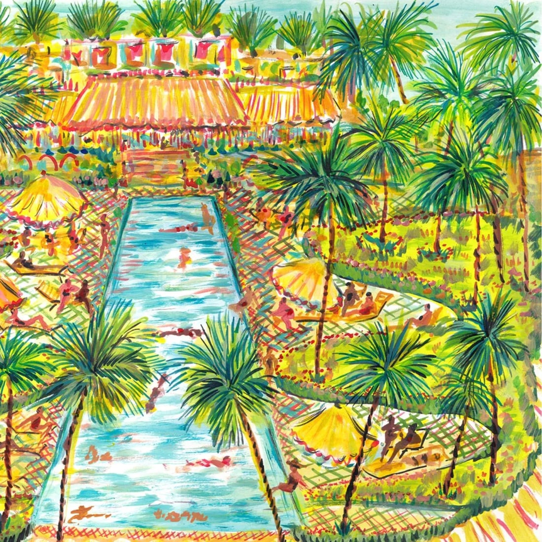 "Beach Club Pool" Original Whimsical Figurative Painting by Pauline de Roussy de Sales - 5
