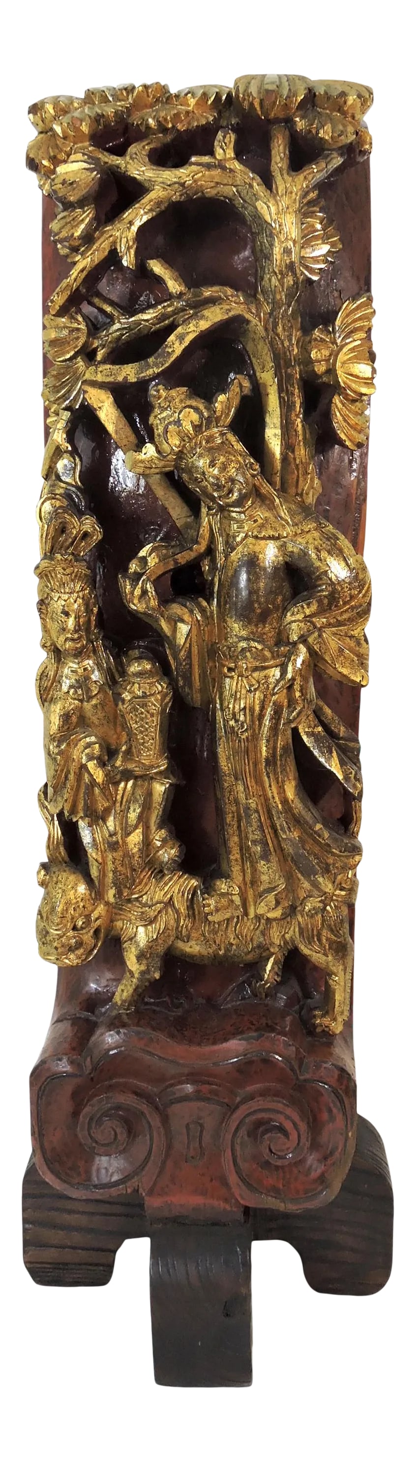 Large Antique Chinese Gold (Gilt) Wood Temple Segment / Sculpture or Figure of Guanyin (Kwan Yin): Large and eye catching antique Chinese red and gold/gilt Temple segment deeply hand carved out of a single piece of heavy solid wood and mounted on a custom four leg brown wood Buddhist style stand.