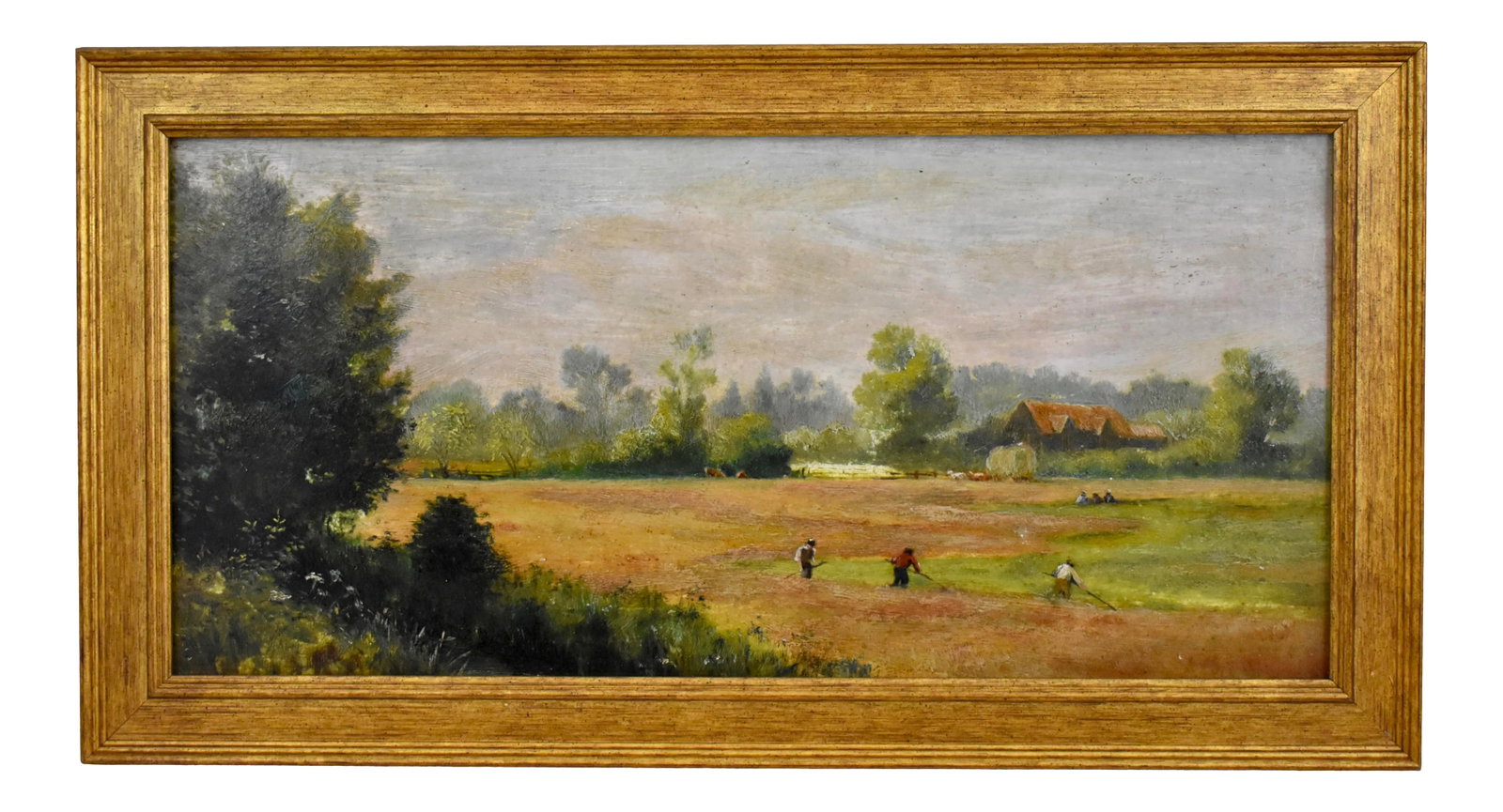 19th C. English Romantic Pastoral Farm Harvest Oil Painting in Gold Leaf Frame: An early 19th Century painting, oil on canvas, showing an English pastoral farm scene, artist unknown. A charming painting, even better in person. Beautifully painted. The right foreground shows a rur