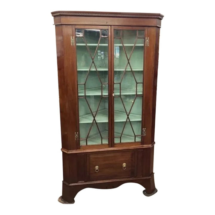 Antique 19th Century English Inlaid Mahogany 2 Piece Corner Cupboard: Nice antique 19th century English inlaid mahogany 2 piece corner cupboard. Cabinet has 2 glazed doors with individual panes of glass and a single deep dovetailed drawer in the base. There is some