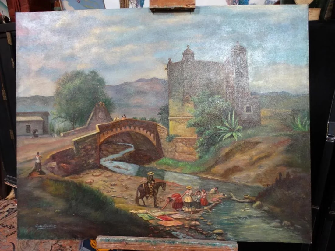 Early 20th Century Antique Carlos Murillo Women & Children at the Stream Painting - 2