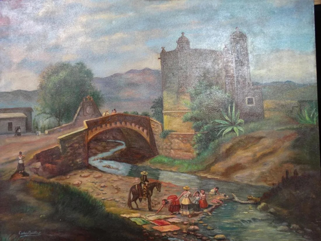 Early 20th Century Antique Carlos Murillo Women & Children at the Stream Painting - 6