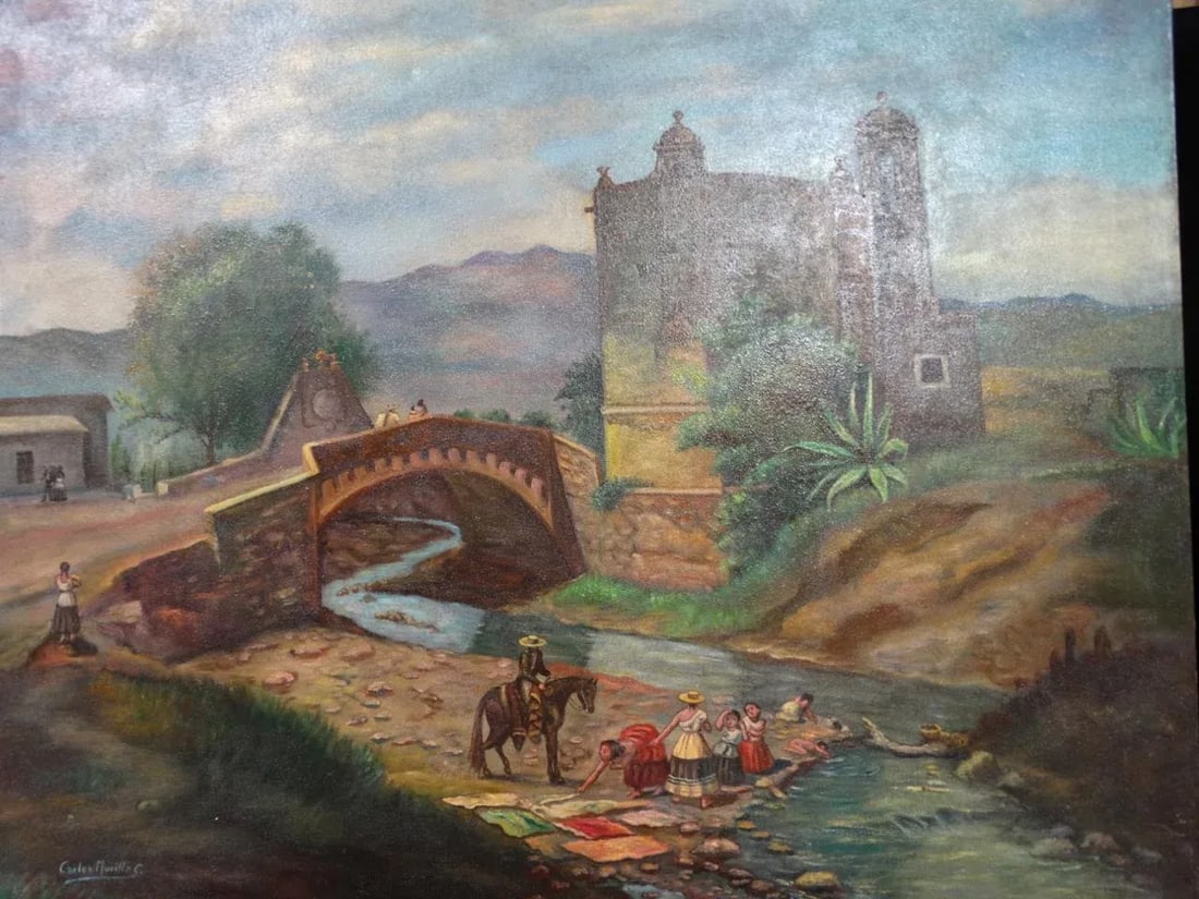 Early 20th Century Antique Carlos Murillo Women & Children at the Stream Painting - 7