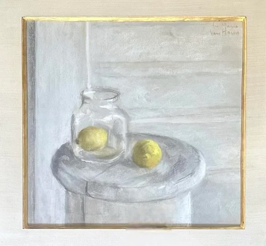 Vintage Framed Still Life With Lemons Watercolor Painting in Cerused Oak Frame, Signed - 2