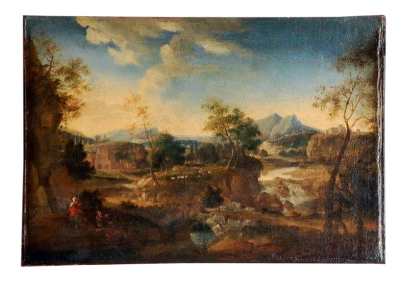 Early 17th Century French Landscape Painting: Early 17th century French landscape painting. Unframed. Condition: Alterations: Original Condition Unaltered Imperfections: Some Imperfections Condition Notes: Excellent. Wear consistent with age and