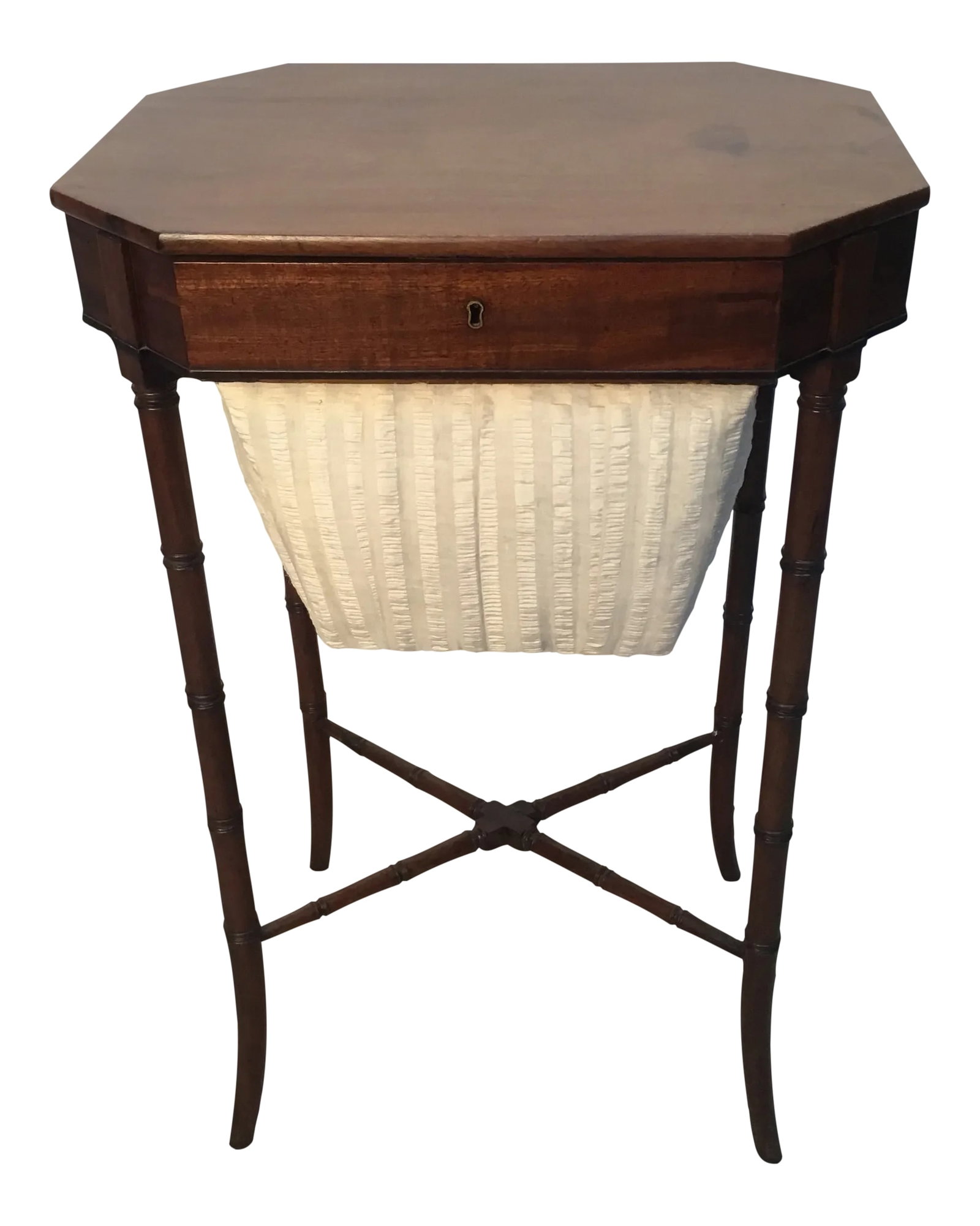 Antique English Mahogany Sewing Table: Elegant antique English mahogany sewing table . Faux-bamboo legs with cross stretcher , fitted interior and ivory silk covered removable basket . Condition: Alterations: Restored Imperfections: Some I
