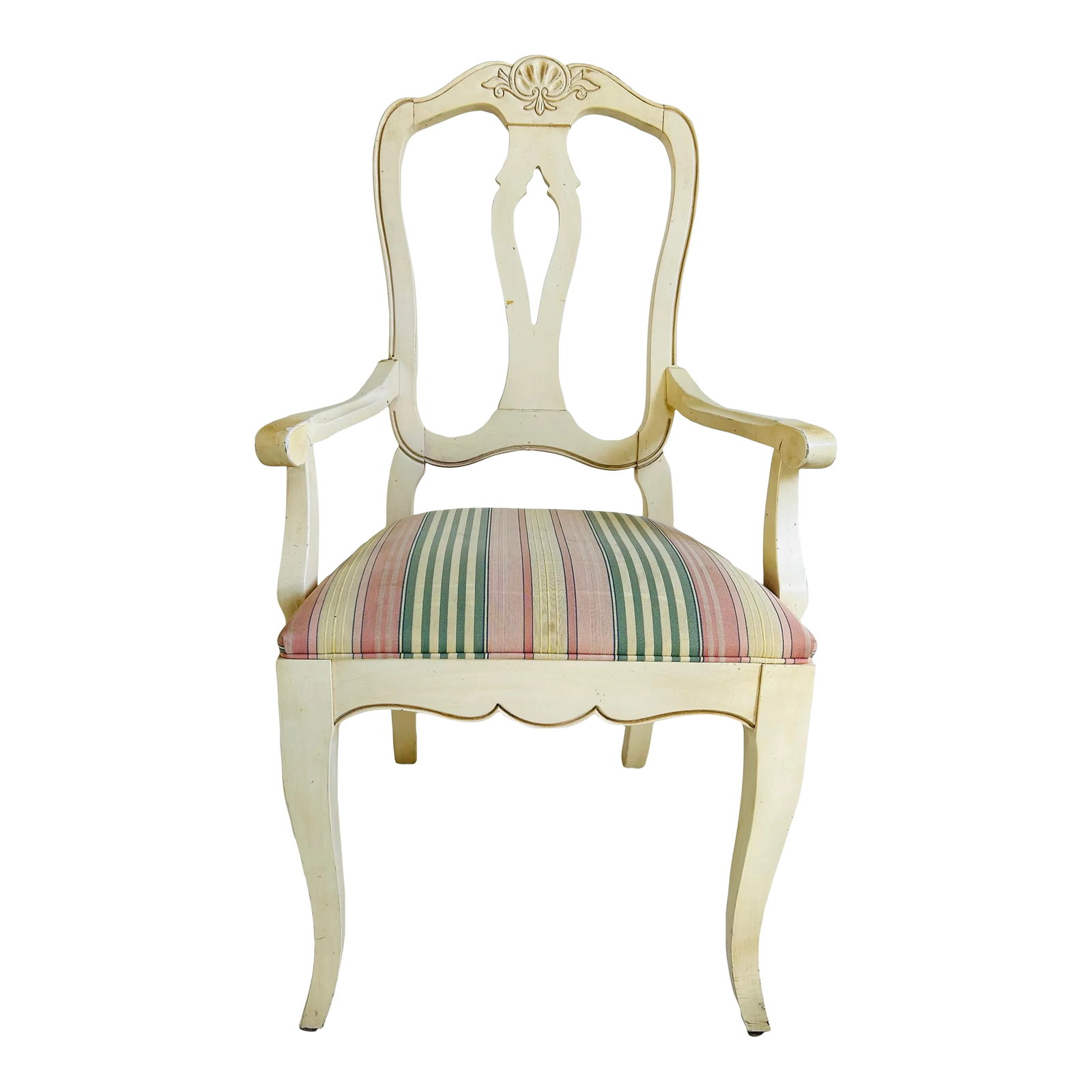 1990s Ethan Allen French Country Armchair: 90's Ethan Allen French Country Dining Arm Chair, Very sturdy with some age wear. 42.5"h. 25" D. 23.5"W. 25"Arm. 19"Seat. IW 19". ID 16" Condition: Alterations: Original Condition Unaltered