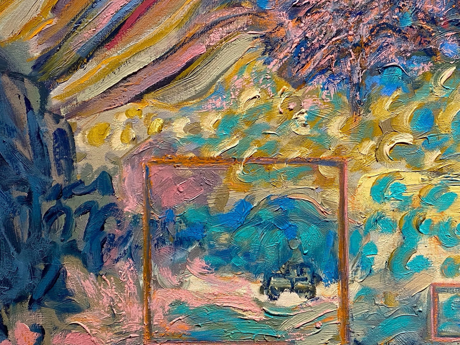 Vintage 60s Molly Schiff Pastel Colorful Abstract Whimsical Landscape Oil Painting on Canvas - 2