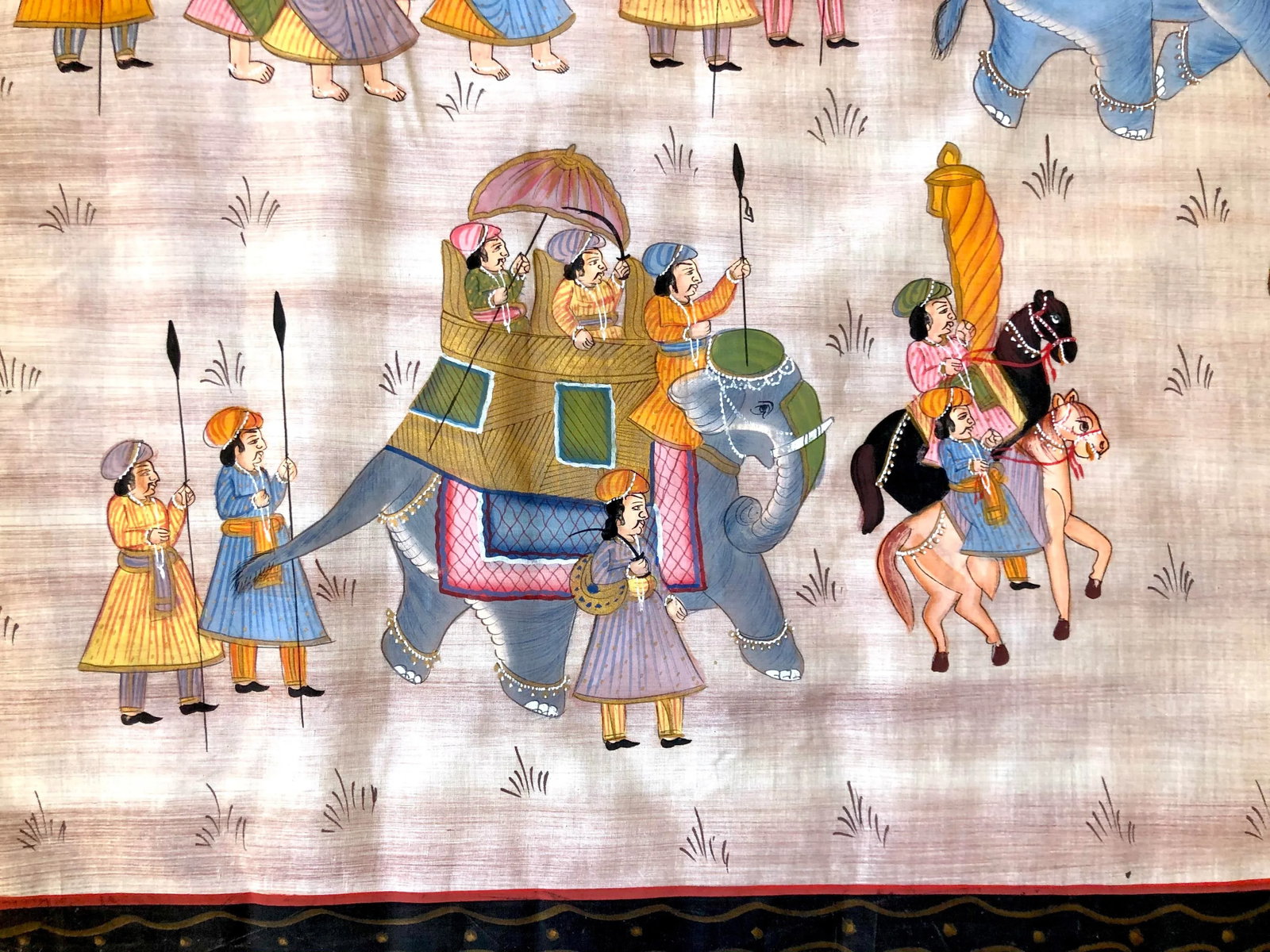 1950s Hand Painted Mid Century Maharaja Royal Procession on Silk - 3