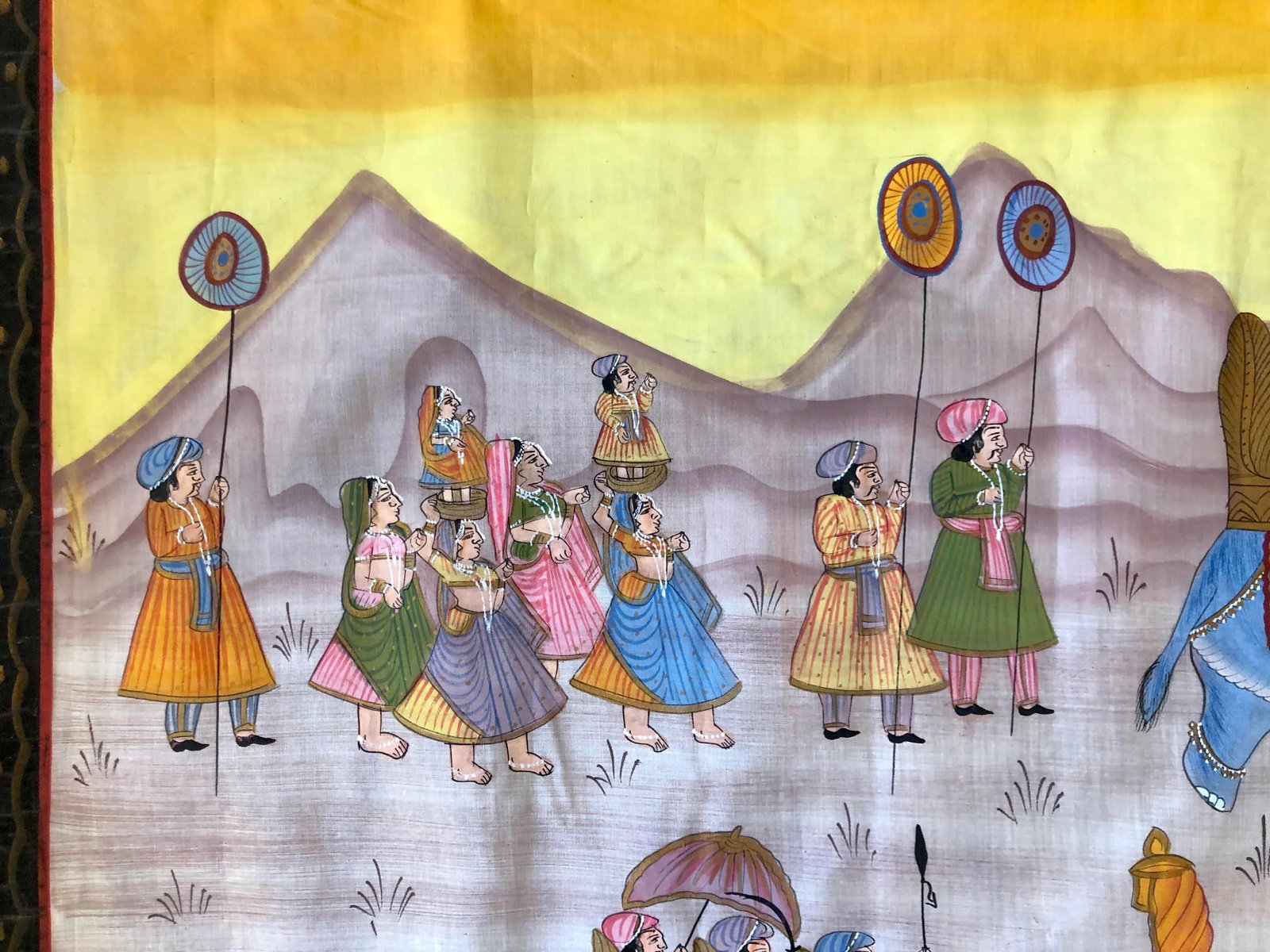 1950s Hand Painted Mid Century Maharaja Royal Procession on Silk - 4
