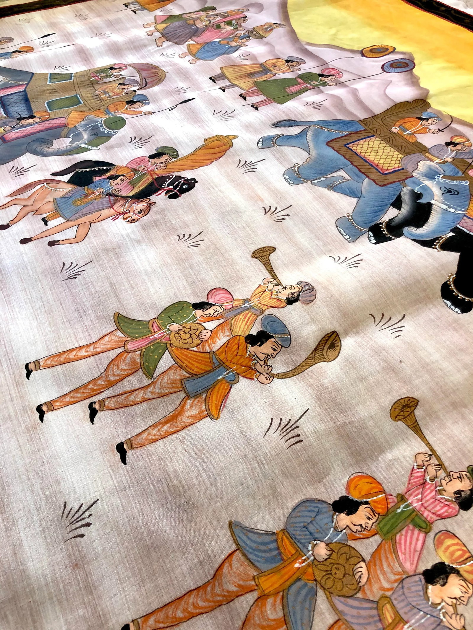 1950s Hand Painted Mid Century Maharaja Royal Procession on Silk - 5
