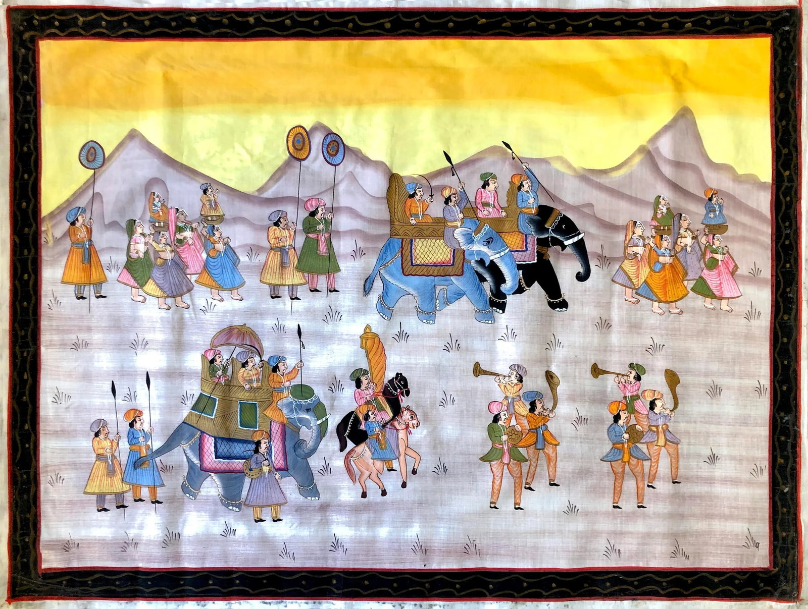 1950s Hand Painted Mid Century Maharaja Royal Procession on Silk - 7