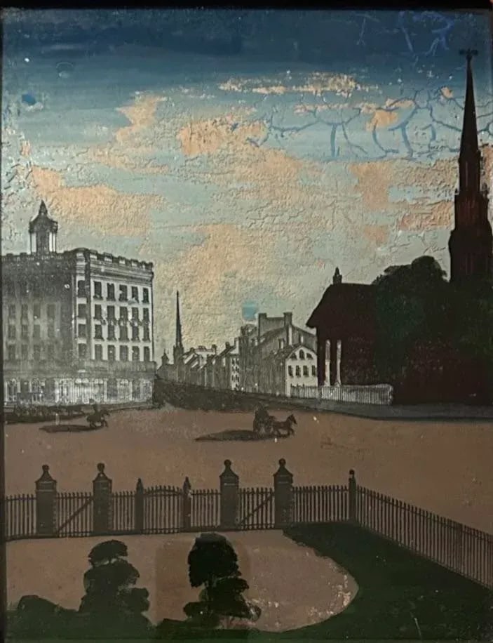 Antique 19th Century Reverse Painted Glass Scenic Landscape / Cityscape Painting of Broadway New Yor - 2