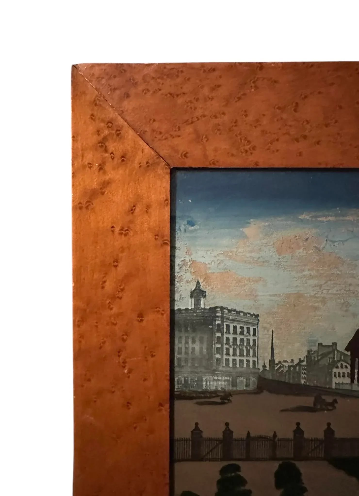 Antique 19th Century Reverse Painted Glass Scenic Landscape / Cityscape Painting of Broadway New Yor - 3