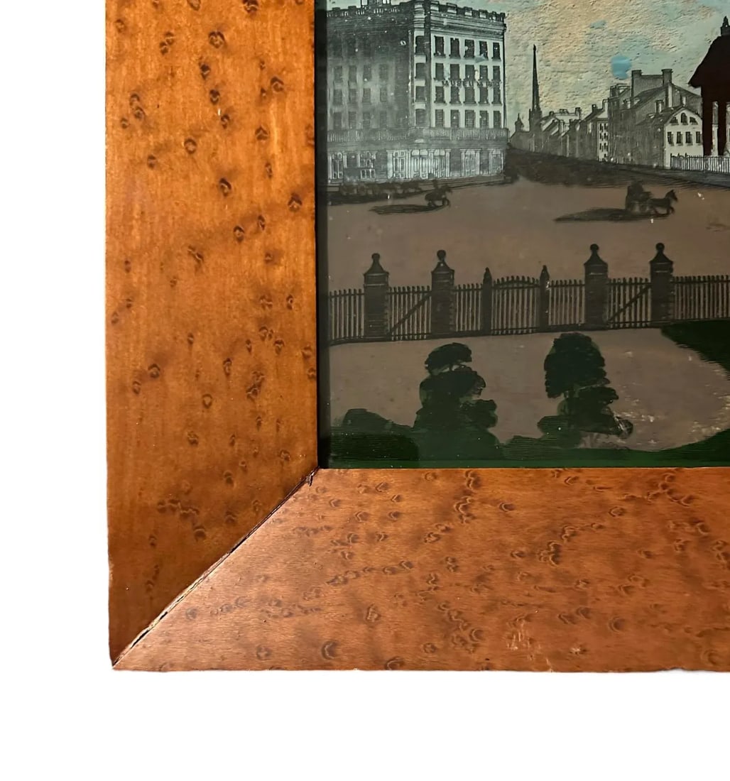 Antique 19th Century Reverse Painted Glass Scenic Landscape / Cityscape Painting of Broadway New Yor - 5