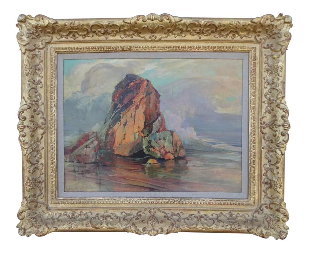 Frederick William Becker "Jewels of the Sea" Oil Painting on Board, 1960: A poet of the coastal landscape, Fred Becker often celebrated the co-mingling of the adamantine, rock and cliff, with the ever mutable beach: and weather and tide are always present in the glistening