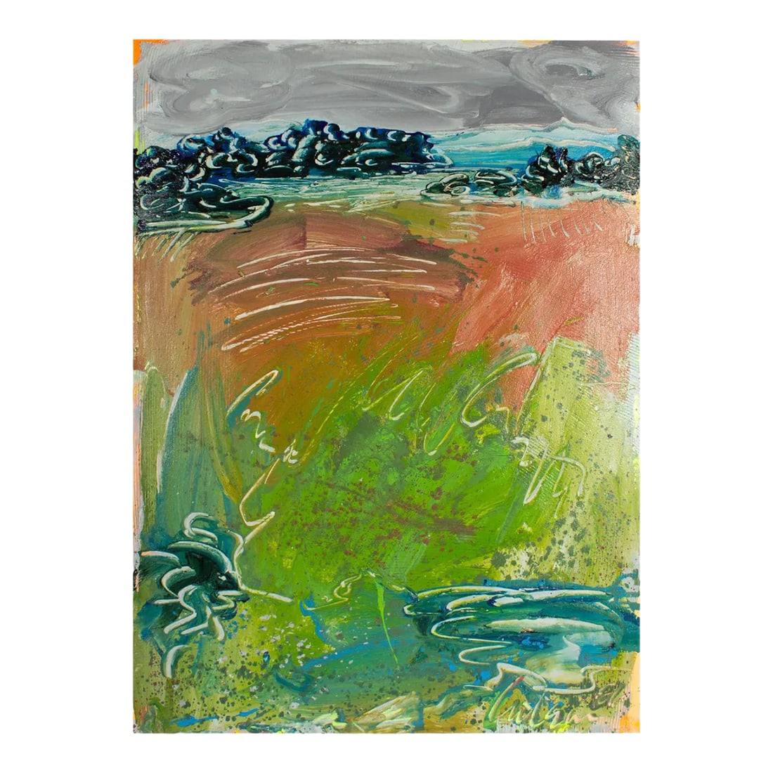 1986 "Mt. Vista Ii" Acrylic Painting by Harry Hilson: A 1986 acrylic on paper painting by American artist Harry Hilson (1935-2004). Titled "Mt. Vista II," this work depicts an abstracted landscape in vivid greens, blues and oranges. The piece is signed