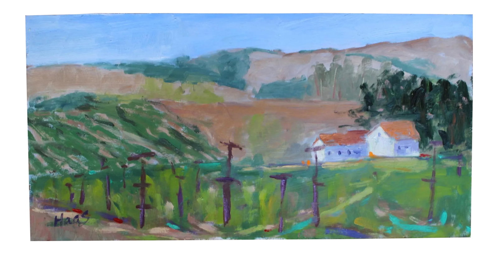 Sonoma Vines, Contemporary Plein Air Oil Painting: Quiet Places & Journeys - Plein Air Sonoma Farm Original oil painting by Haas, 16 x 8 unframed panel, signed. A "fast and loose" plein air landscape painted on-site at a farm in Sonoma, California.