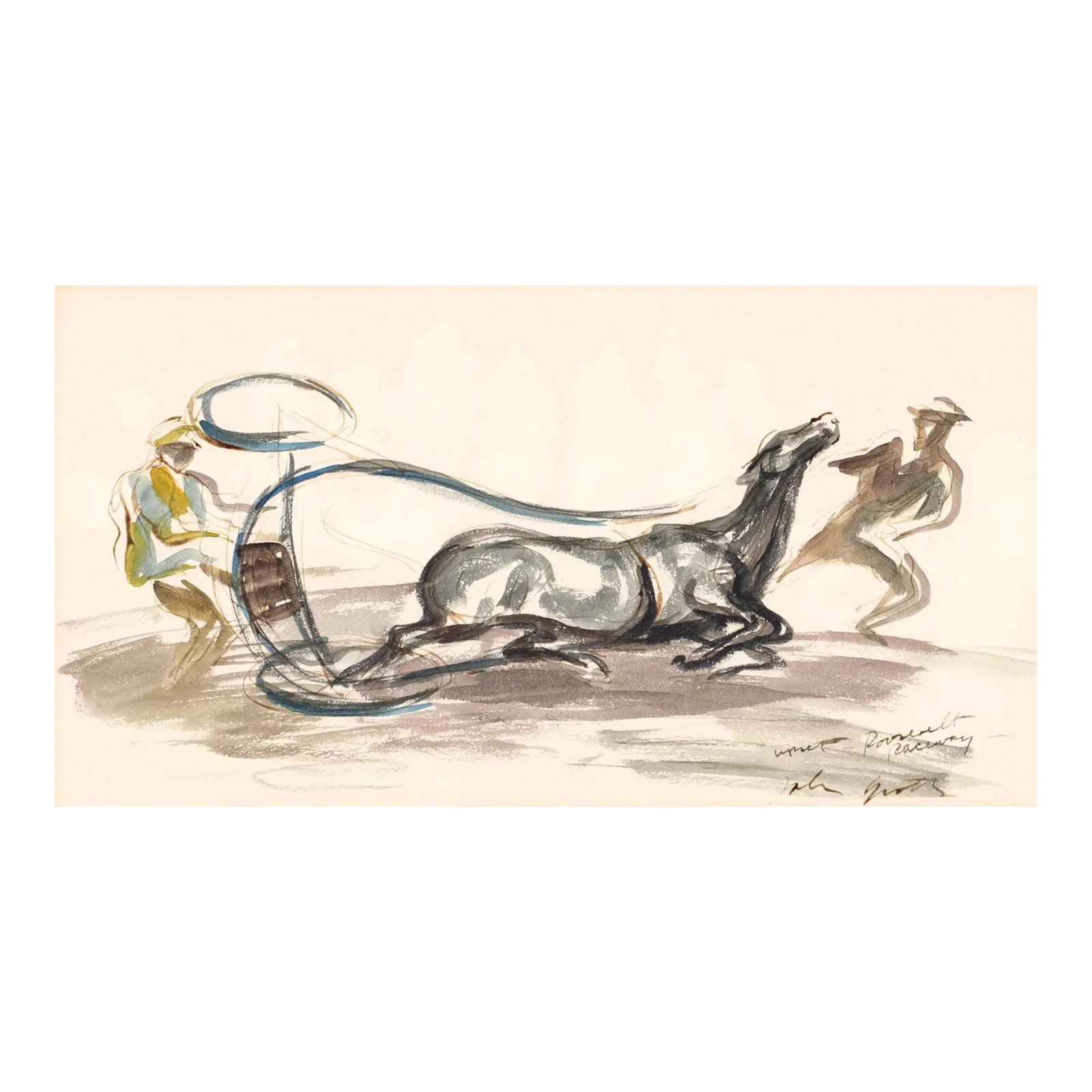 1950s John Groth Roosevelt Raceway Equestrian Watercolor: Horse racing watercolor by John Groth (New York 1908-1988). "Upset, Roosevelt Raceway" watercolor on paper, signed and titled lower right. Roosevelt Raceway near Westbury, NY on Long Island operated f