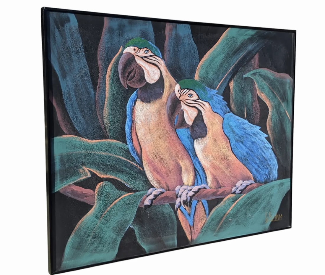 1970s Coastal Tropical Parrot Painting Signed by Lee Reynolds - 4
