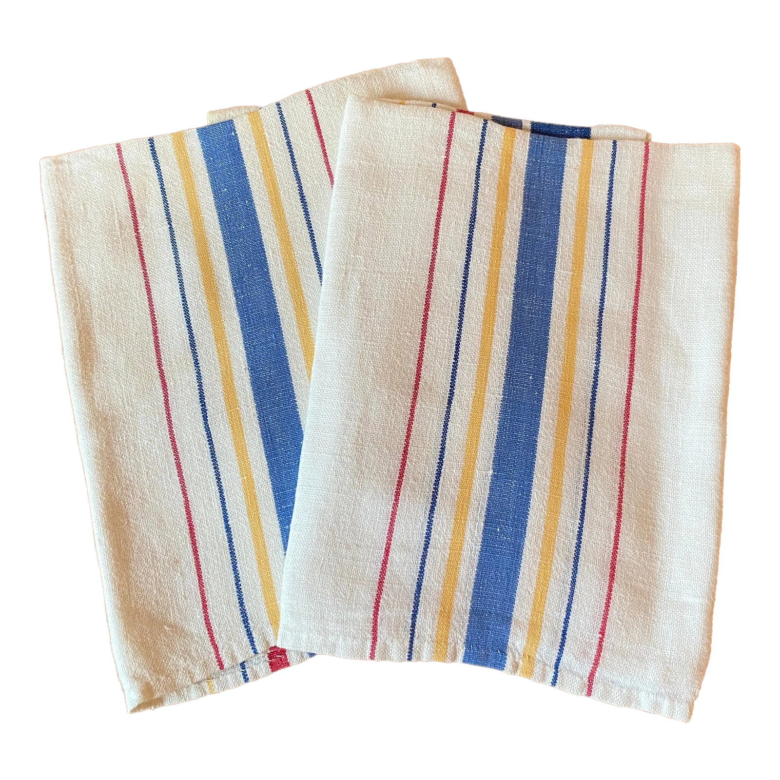 Pair of Vintage Linen Tea Towels, Multi-Color Stripes: Vintage Linen Multi-Color Striped Tea or Drying Towels, Set of 2, Blue, Red, & Yellow Stripes. Hand hemmed. Excellent condition - they just don't make linen towels like they used to! Condition: Altera