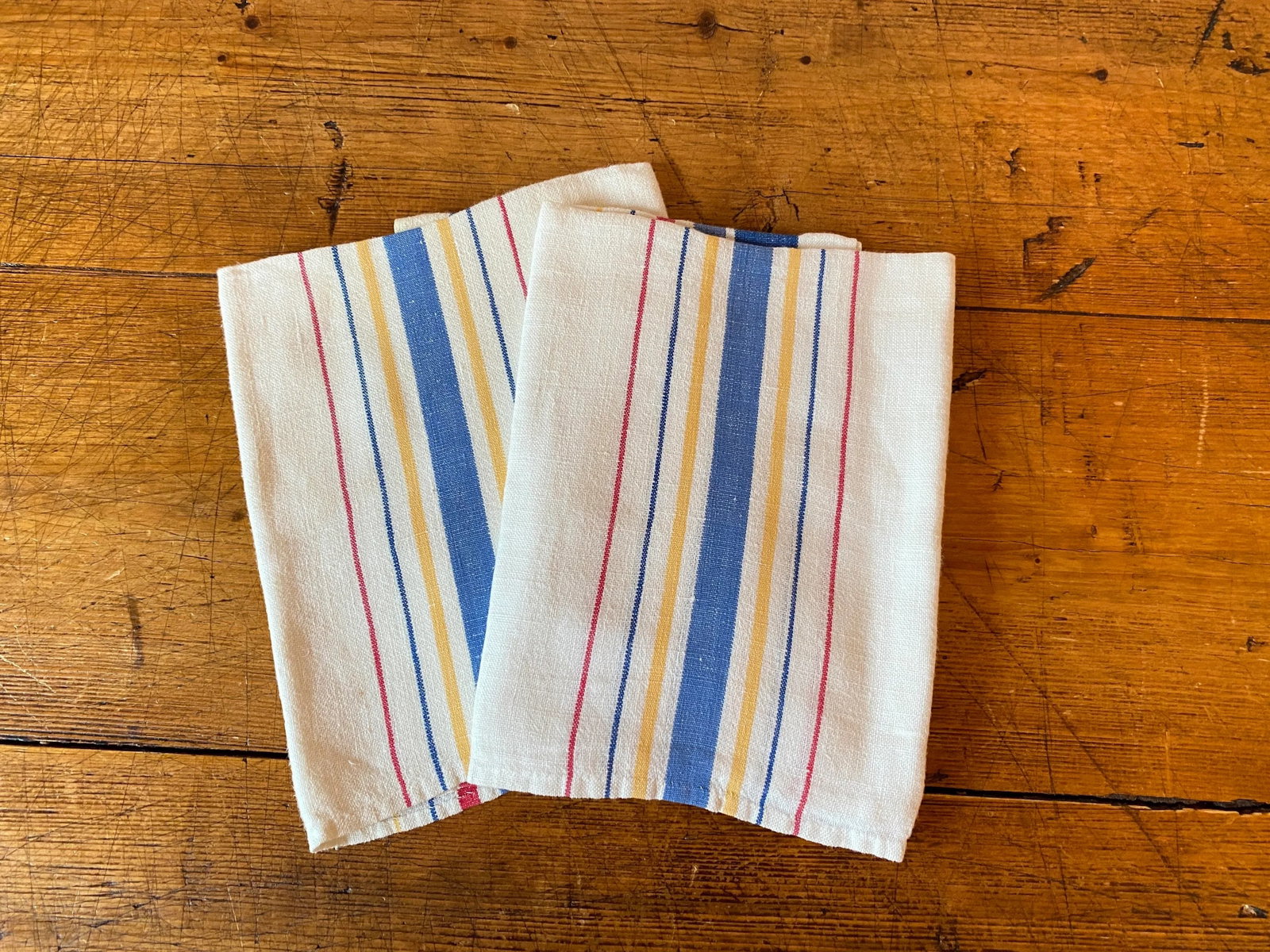 Pair of Vintage Linen Tea Towels, Multi-Color Stripes - 2